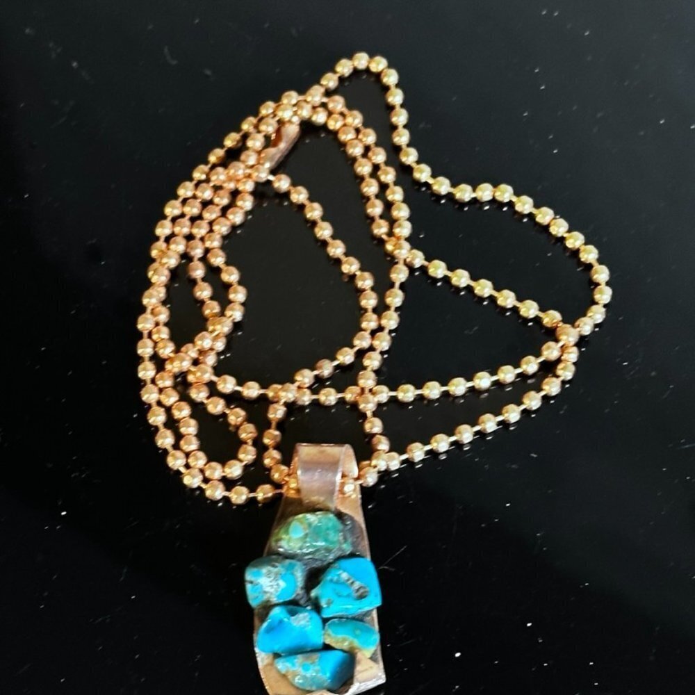 Kingman Turquoise Copper Pendant Necklace Brutalist Handmade NWT Gift Inlaid - Picture 2 of 7
